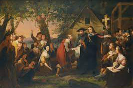 Painting of a group of men in front of a church