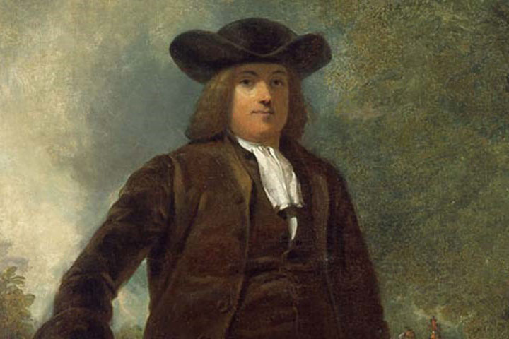 Painting of William Penn in a black hat and brown jacket
